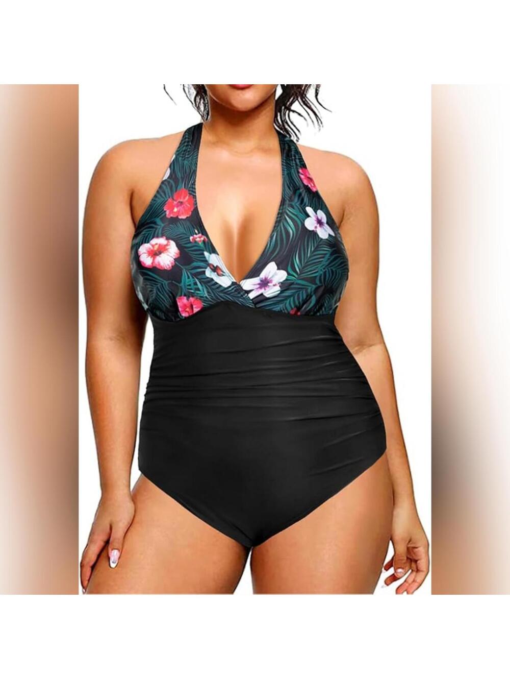 NWT Daci One Piece V Neck Tummy Control Ruched Halter Backless Swimsuit, 24W